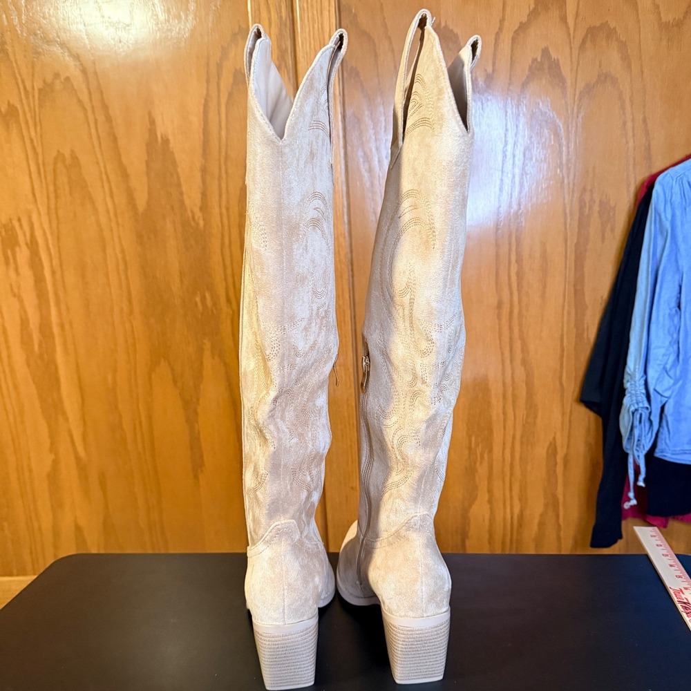 WETKISS Sz11 Women's Tan Suede Embroidered Knee High Western Cowboy Boots - Picture 9 of 12